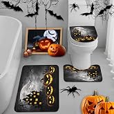 Arttown Bathroom Rug Set of 3,Bath Mats Halloween Spooky Black | Horror Pumpkin House 3 Pieces No Silp Washable Cover Floor Rug Decorations for Kitchen Bathroom
