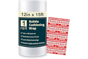Bubble Cushioning Wrap Roll Polyethylene 12 inch x 15 Feet for Packaging, Shipping, Mailing, Moving