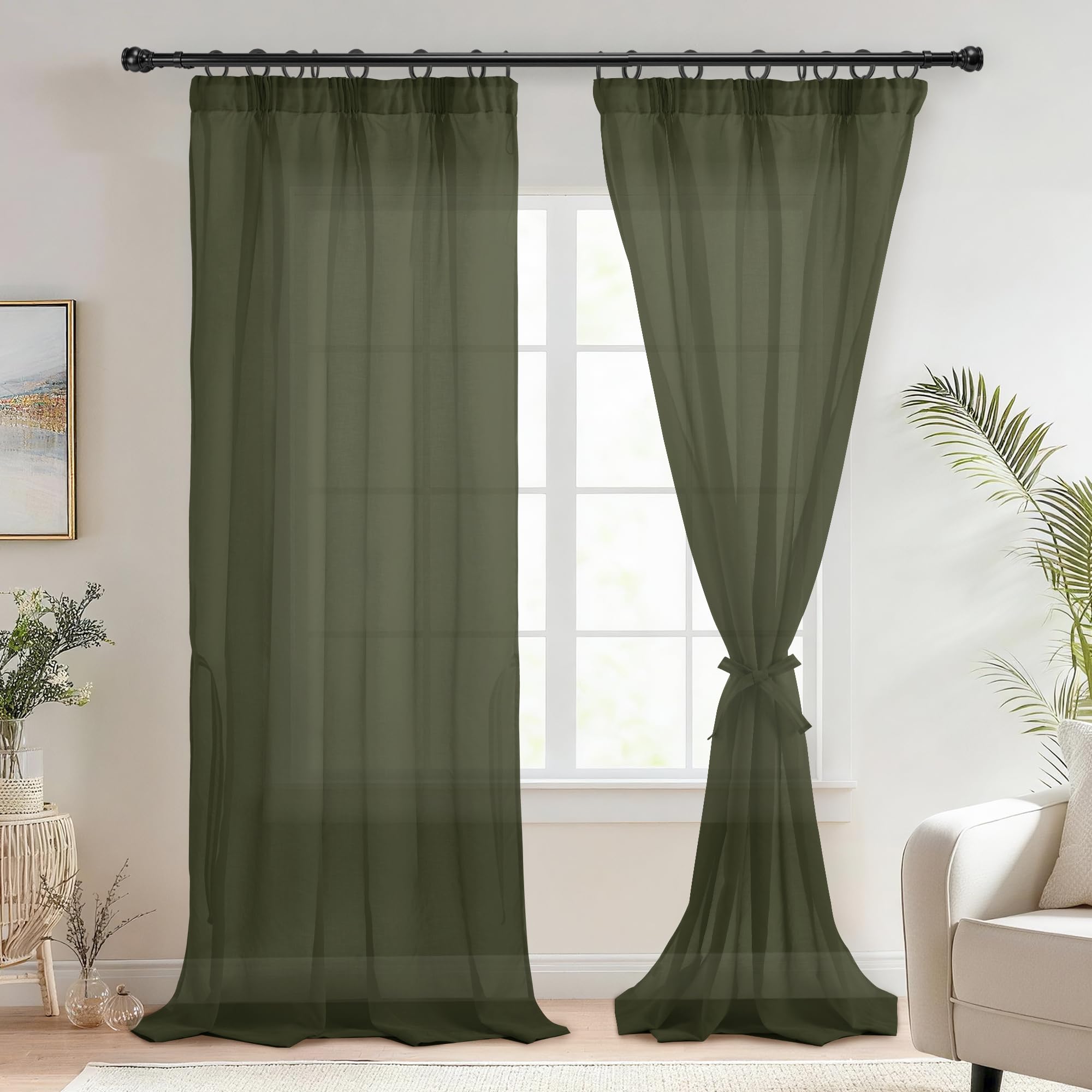 DWCN Green Sheer Curtains with Tiebacks Semi Transparent Voile Pencil Pleat Curtains for Bedroom and Living Room 2 Panels, Olive Green, W55 x L96 Inch