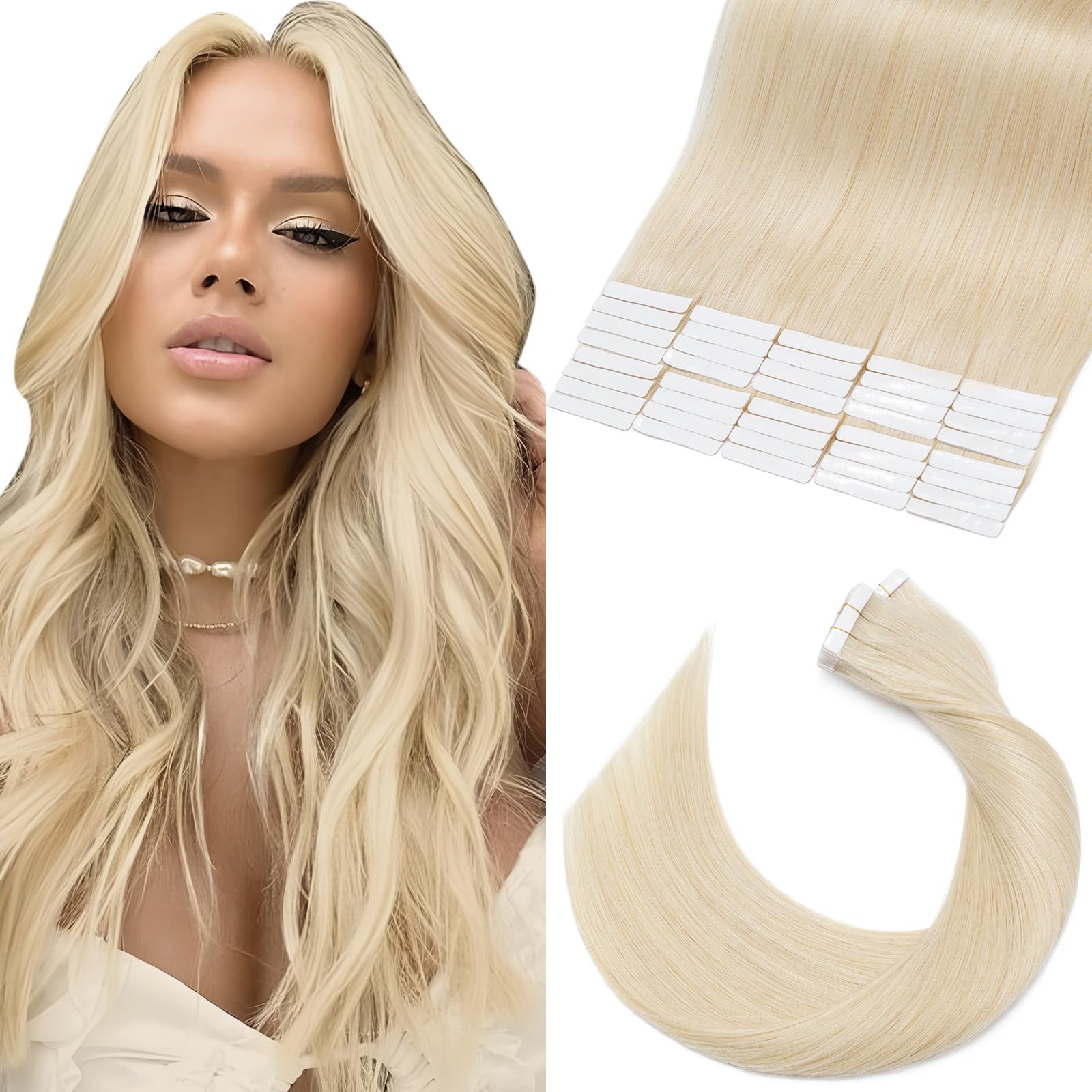 Elailite 40 Pcs Tape in Hair Extensions Real Human Hair Blonde - Seamless Skin Weft Remy Hair Extensions Straight (#60 Platinum Blonde, 20 Inch) — image 1