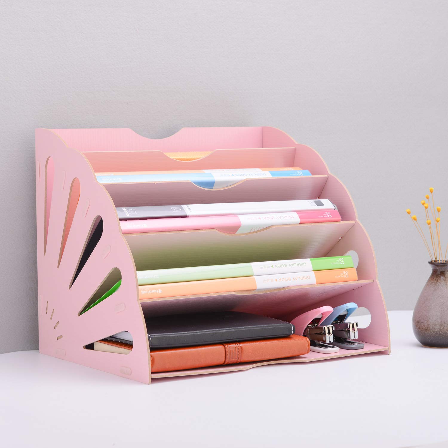 Photo 1 of File Folder Holder Wood Organizer 5 Compartment, File Sorter Wood Buckle Design Desktop Fan-Shaped Mail Letter Document Magazine File Assembly Divider DIY Office Tabletop Storage Box (Pink)