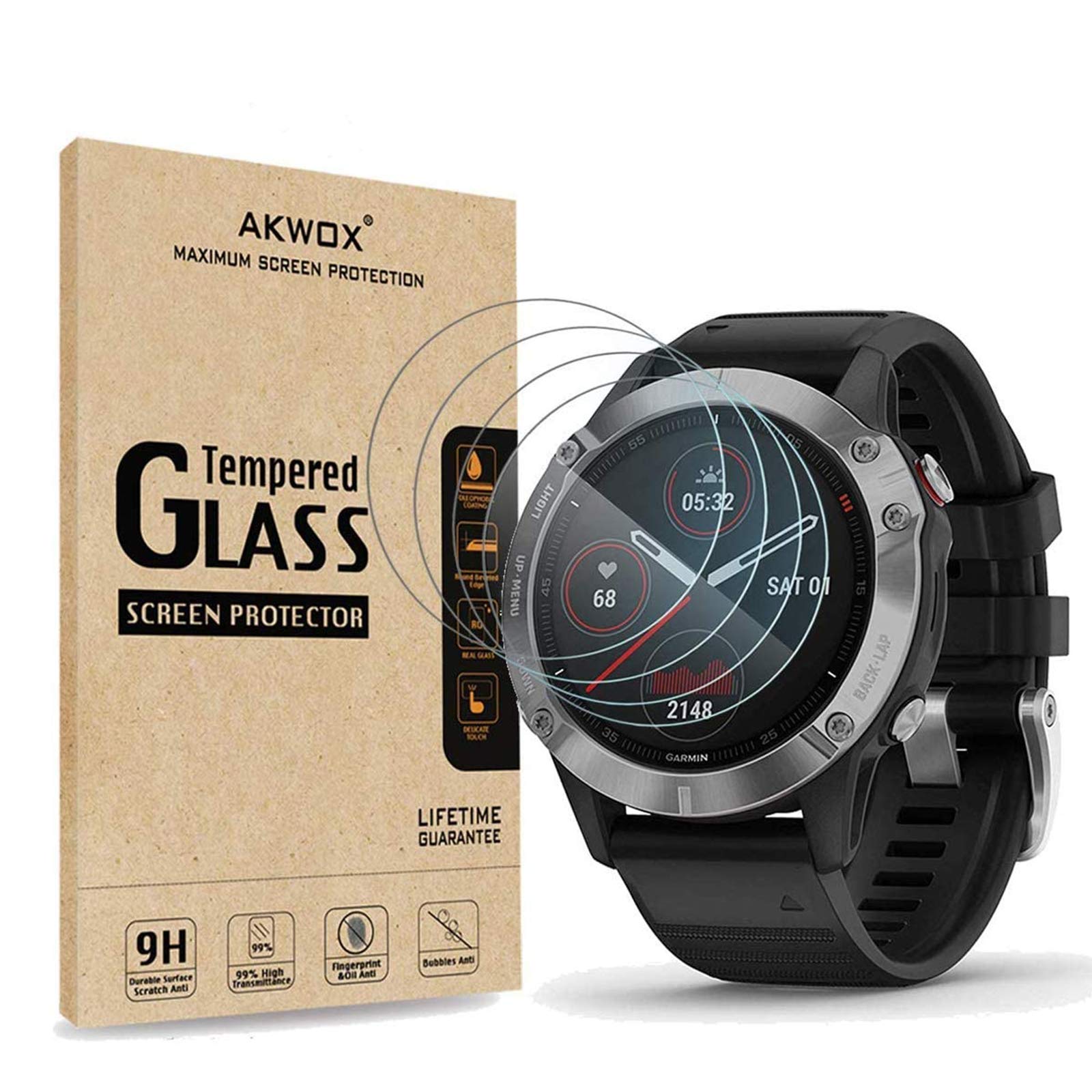 AKWOX Pack of 4 Screen Protector Glass Tempered Compatible with Garmin Fenix 6, Garmin Fenix 6 Pro and Garmin Vivomove HR, [ 2.5D 9H Hardness] HD Premium Protective Cover for Film Screen Protection