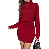 Women's Sweater Dresses Spring Winter 2026 Casual Long Lantern Sleeve Turtleneck Ribbed Knit Mini Short Knitted Dress 696