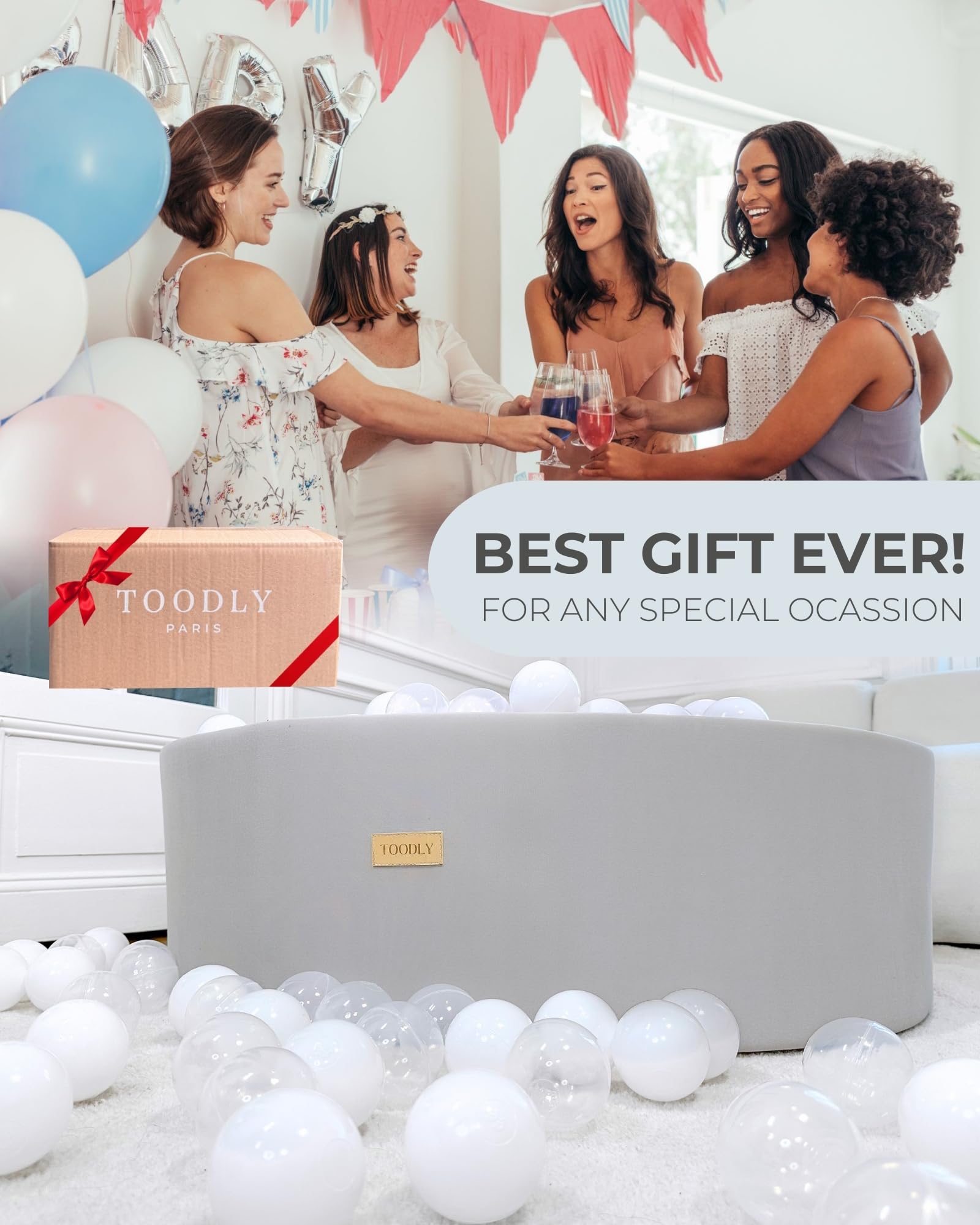 Soft Ball Pit for Toddlers and Babies 35.5 in - Durable Foam Ball Pit for Babies and Toddlers - Balls NOT Included - Grey - Toodly