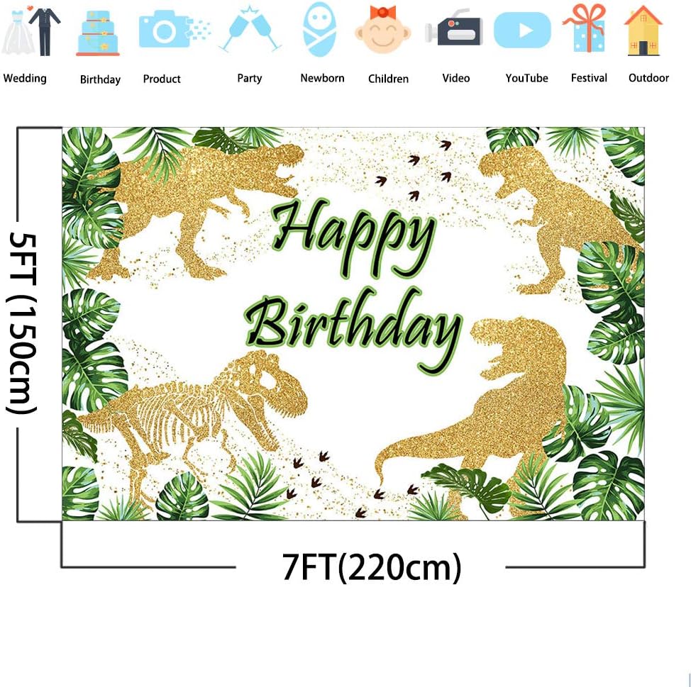 Avezano Dinosaur Theme Birthday Party Backdrop 7x5ft Gold and Green Safari Jungle T-Rex Dinosaur Background Boy Birthday Party Decoration Banner for Photography Kids Photo Studio Props - Image 3