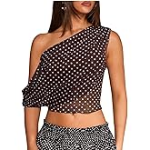 QJQ Women‘s Polka Dots Off The Shoulder Tops Y2K Sleeveless Shirts Mesh See Through Crop Going Out Party Clothes
