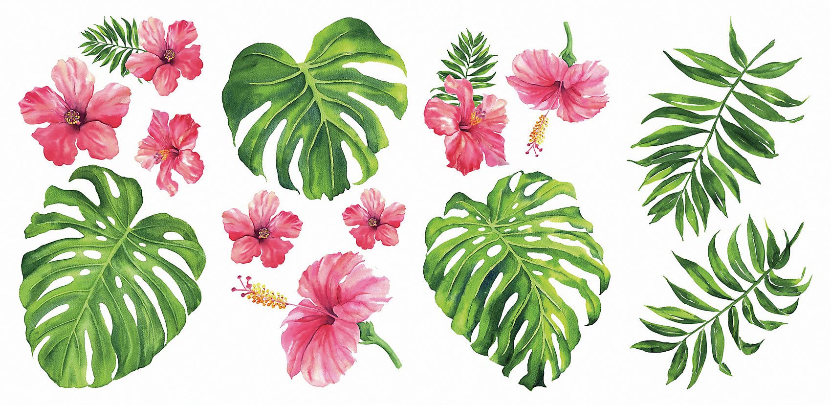RoomMates Tropical Hibiscus Pink Green Orange 4 Sheets Wall Stickers 9" x 17.5" RMK3904SCS