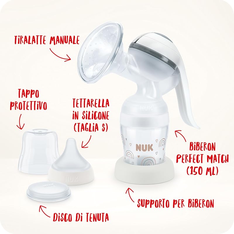 tiralatte manuale | Cuscinetto in morbido silicone | Leva ergonomica | Con biberon Perfect Match | 150 ml