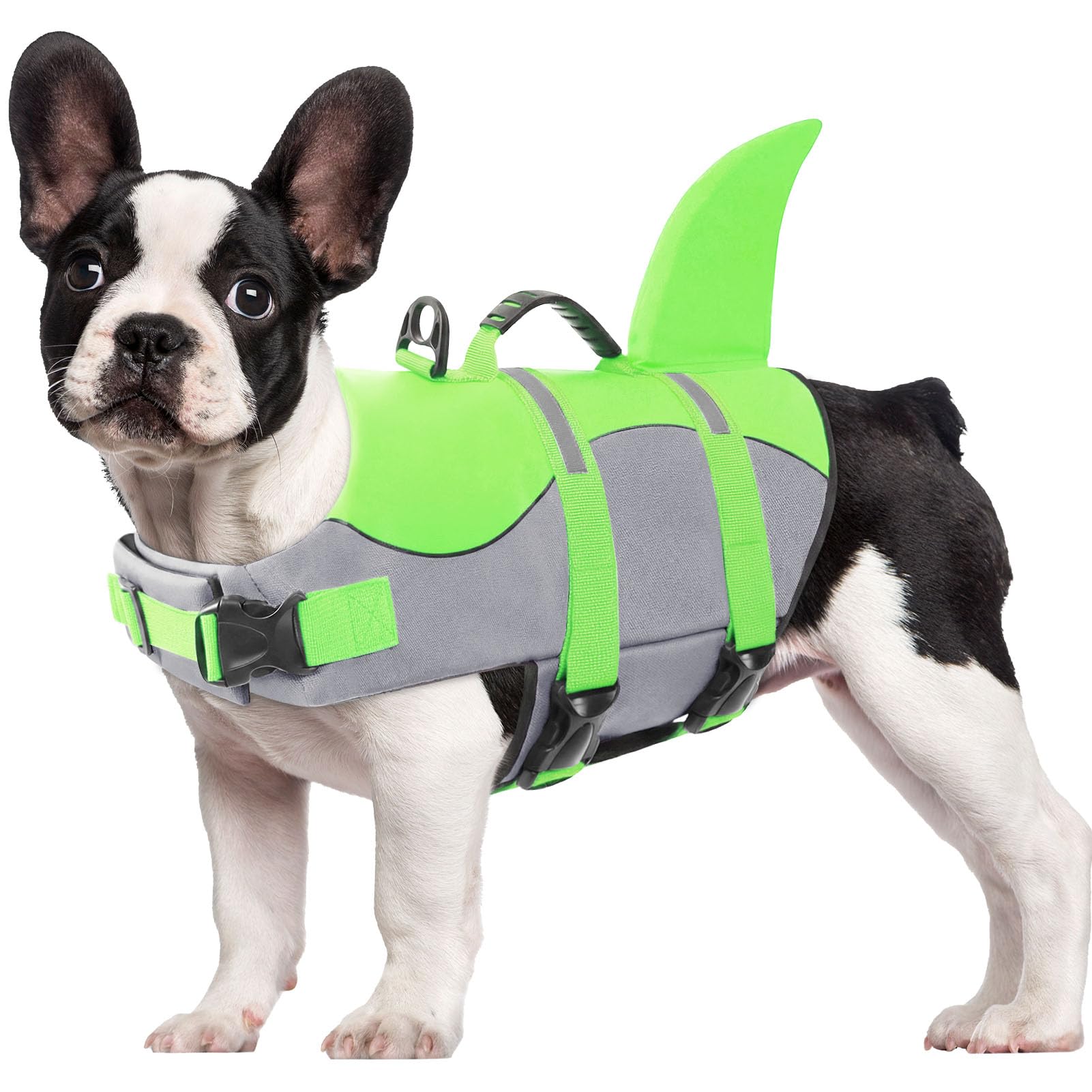 CITÉTOILE Dog Life Jacket Shark Costume, Puppy Safety Vest for Swimming Pool Beach Boating, Training Flotation Vest with Rescue Handle & Reflective Strips for Dogs, Green, M