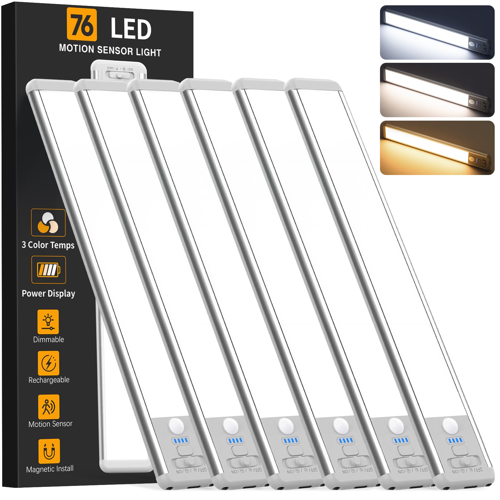 Under Cabinet Lighting Wireless, Rechargeable Motion Sensor Light Indoor, 3 Color Dimmable Closet Light Battery Operated with LED Power Display, Magnetic Under Counter Lights for Kitchen, Home (6Pack) Image