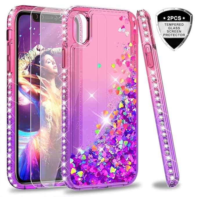 LeYi Coque pour iPhone XR avec Verre Trempé [Lot de 2], Fille Personnalisé Liquide Paillette