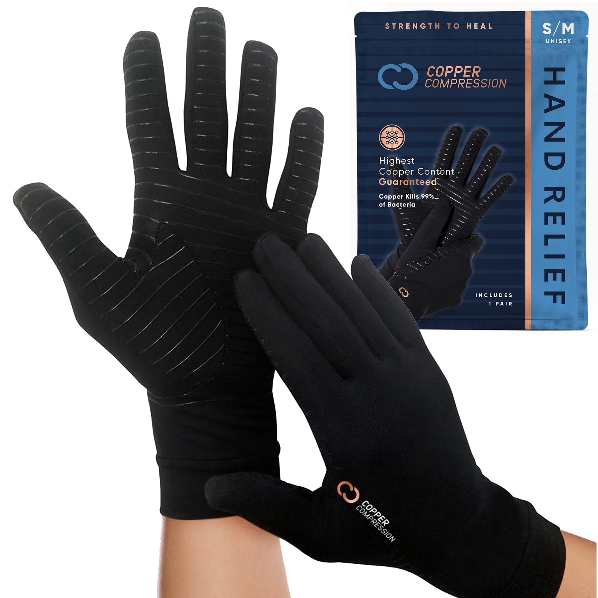 Copper Compression Full Finger Arthritis Gloves - Palm Grips - Touch Screen Fingertips - Compression Support for Carpal Tunnel, Pain Relief, Tendonitis - Fits Men & Women - 1 Pair - M