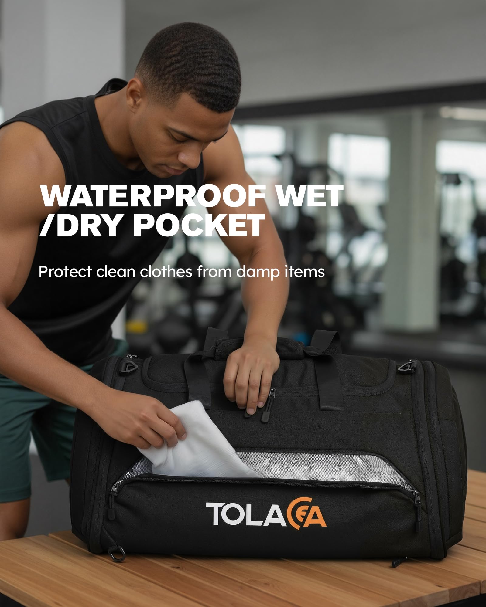 Tolaccea Sporttasche 56–70L für Herren & Damen– Erweiterbare Reisetasche mit Schuhfach & Nassfach, als Rucksack tragbar, für Fitness, Gym, Schwimmen, Fußball, Reisen (Schwarz) 5