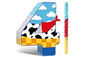 Hungdao Toy Inspired Birthday Piñata for Kids Cartoon Cow Number Piñata Decorations Summer Cartoon Story Game with Stick Red Scarf Blue Sky Cloud Boys Girls Baby Shower Farm Party Favor(Number 4)