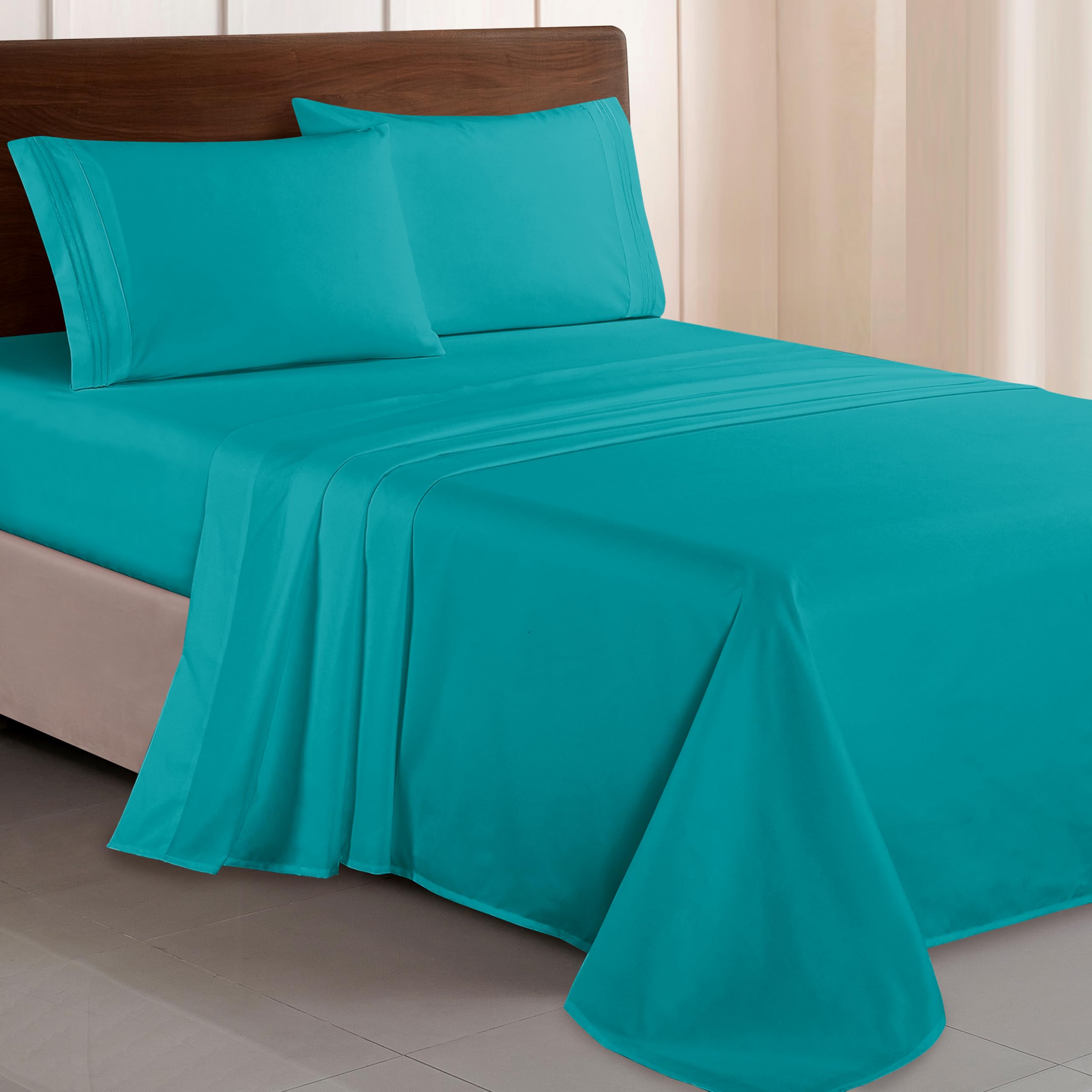 Elegant Comfort Luxurious 1500 Premium Hotel Quality Microfiber Three Line Embroidered Softest 4-Piece Bed Sheet Set, Wrinkle and Fade Resistant, Twin/Twin XL, Turquoise