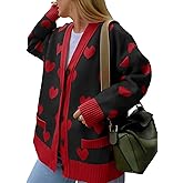 Saodimallsu Womens Oversized Heart Cardigan Color Block V Neck Button Long Sleeve Chunky Valentines Sweaters