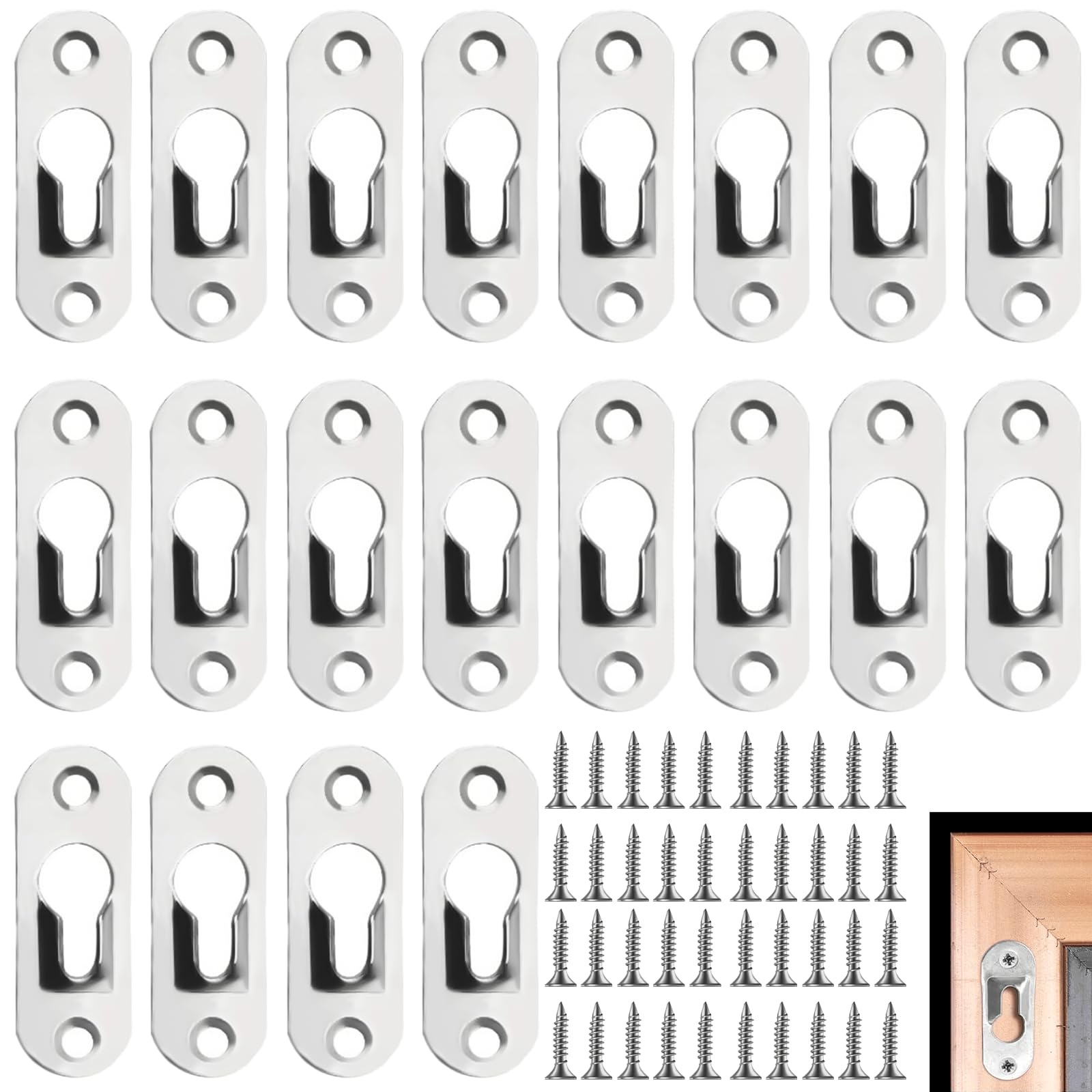 EASONGEE 20pcs Picture Hanger, Stainless Steel Keyhole Hangers Metal Screw Fasteners with 40pcs Screws, Picture Hanging Plates Rivet Fittings for Picture Frames Mirrors Cabinet, 45mm x 16mm