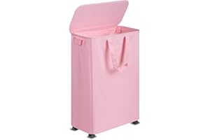 Vincona Slim Laundry Hamper with Lid and Wheels, Small Rolling Laundry Basket with Handle for Small Spaces, Tall Dirty Clothes Hampers for Dorm, Bathroom and Bedroom, 75L, Pink