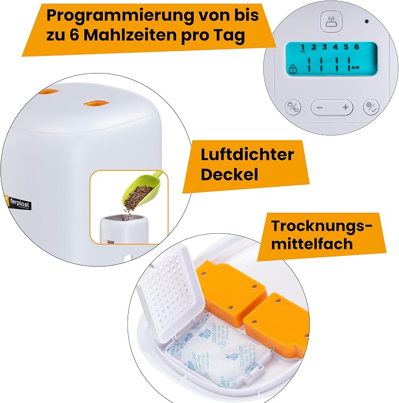 Futterautomat Katze Risto PET, Automatischer Futterspender Katze, Programmierbar, 4-Liter Kapazität, Duale Stromversorgung, 6 Mahlzeiten, Beleuchtetes Display, Edelstahlnapf Inklusive