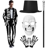 Mepase 5 Pcs Halloween Skeleton Costume for Party Events | Skull Mask Skeleton Gloves Black Top Hat Silver Cane for Halloween Cosplay