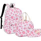 Mimfutu Cow Print School Backpack for Teen Girls, 3-in-1 Kids Backpack Bookbag Set School Bags with Lunch Box Pencil Case (Pink)