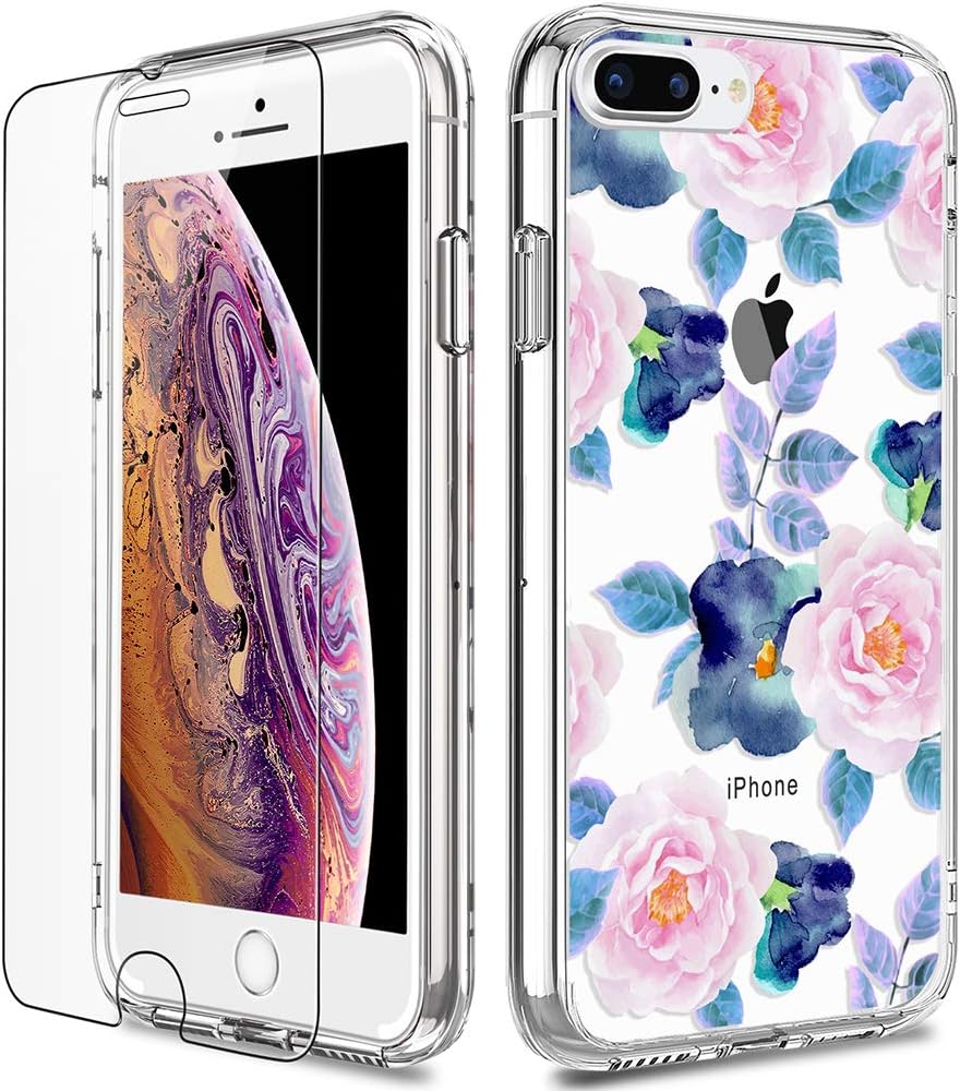 iPhone 7 Plus Case, LUHOURI Clear iPhone 8 Plus Case with Screen Protector, Girls Women Protective Hard Case with Slim Fit Soft TPU Bumper Silicone Cover Phone Case for iPhone 7 Plus, Pink Blue Flower