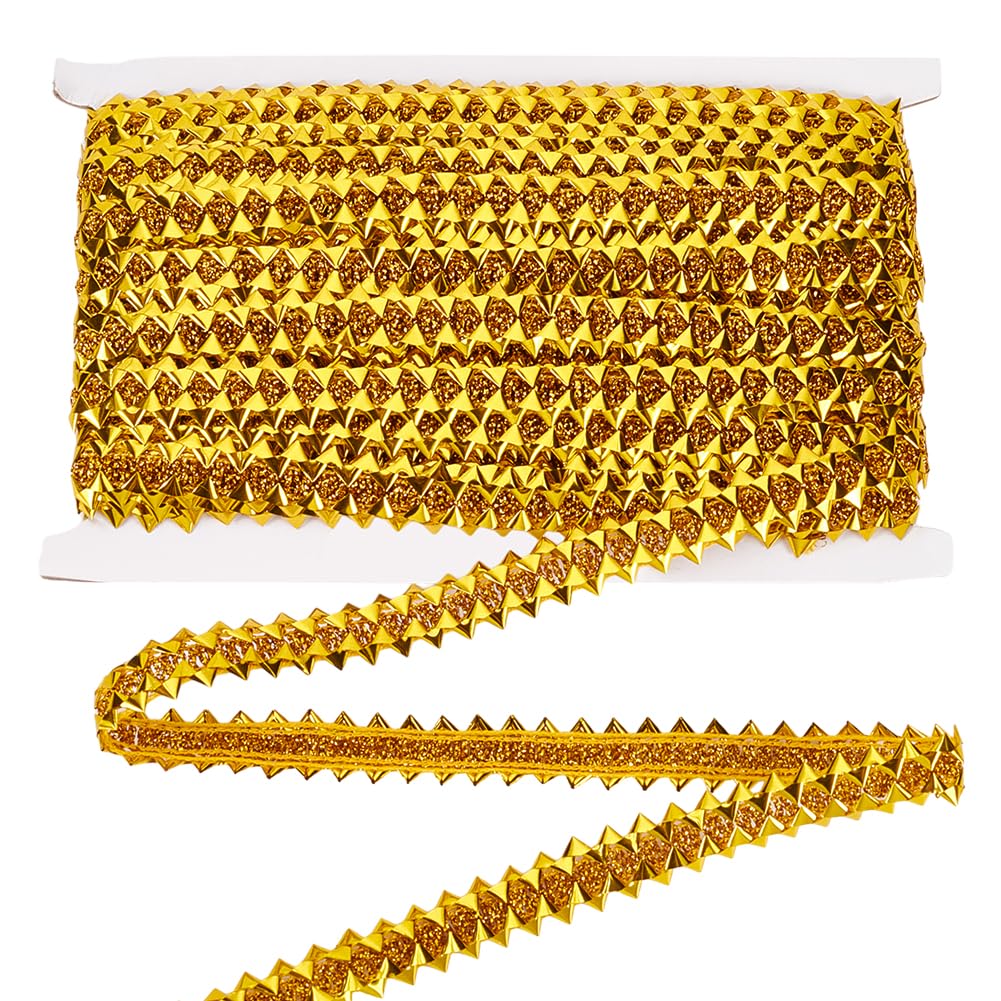 MAYJOYDIY 12mx20mm Gold Metallic Braid Lace Trim, Triangle Spike Edge Lace Ribbon Stylish Glitter Decorated Gimp Trim for Wedding Bridal Costume or Jewelry, Crafts and Sewing