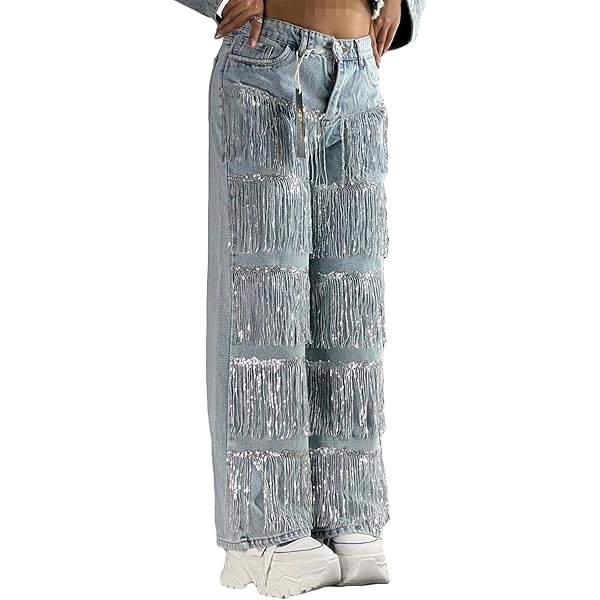 Symina Women's Sparkly Glitter Fringe Jeans High Waist Wide