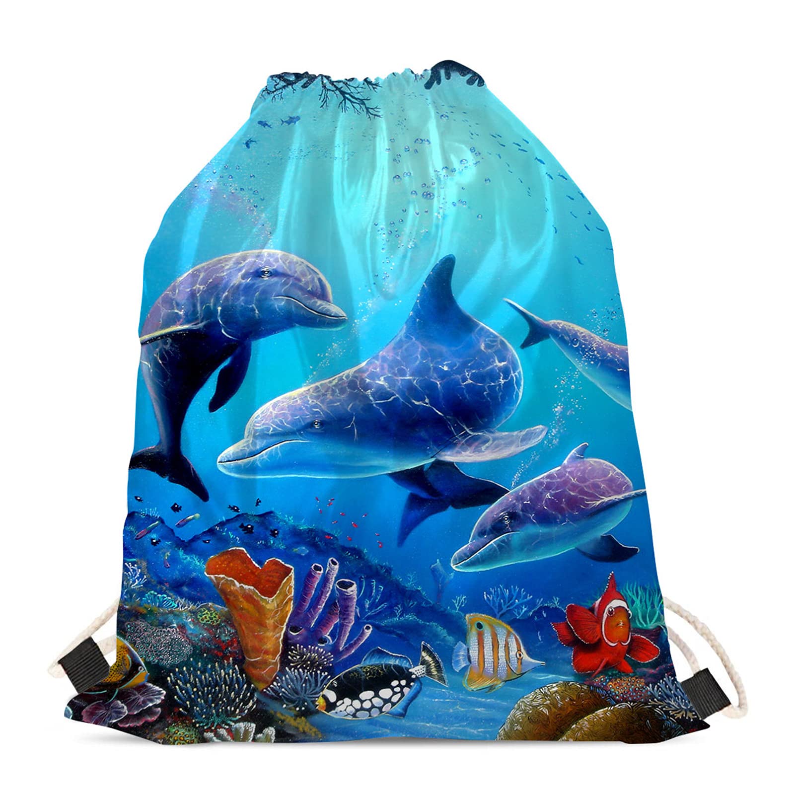 Showudesigns Dolphin Drawstring Sports Gym Bags String Gymsack Lightweight Backpack for Women Girls Boys Beach Holidays Swimming Travel School Blue