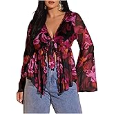 BEAUDRM Women's Plus Size Mesh Bell Sleeve Top Boho Floral Ruffle Tie Front Bowknot V Neck Peplum Blouse