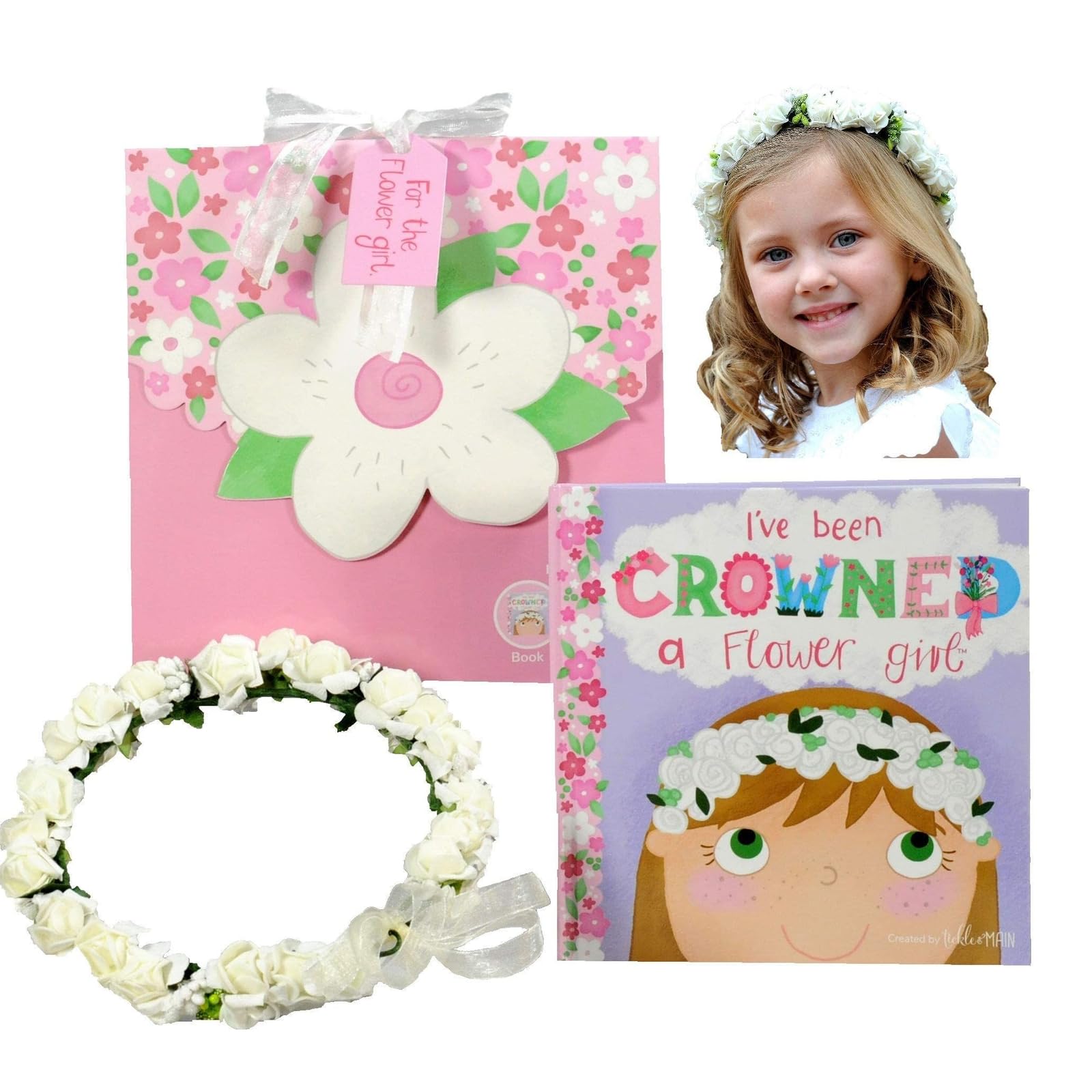 Tickle & Main Flower Girl Gift Set, Flower Girl Proposal, Book with Floral Crown Headband Headpiece in Adorable Gift Box