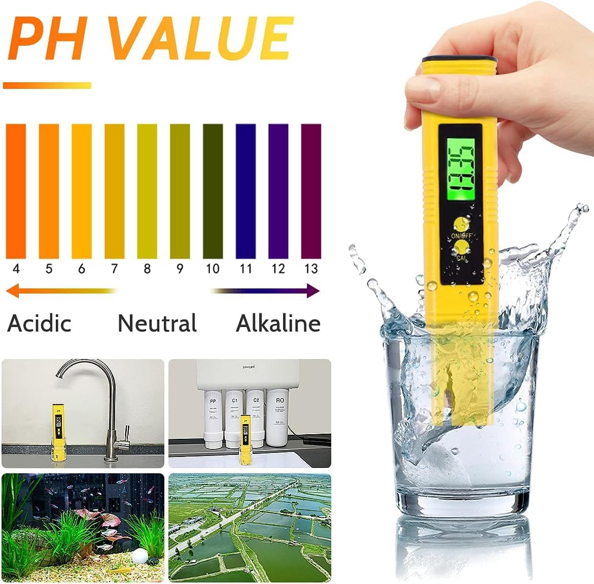 PH Messgerät, PH-Genauigkeit Wasserqualität Tester, PH Meter mit LCD Anzeige, ATC-Messbereich 0-14, Geeignet für Trinkwasser, Schwimmbäder, Aquarien, Laboratorien, Hohe Genauigkeit 4