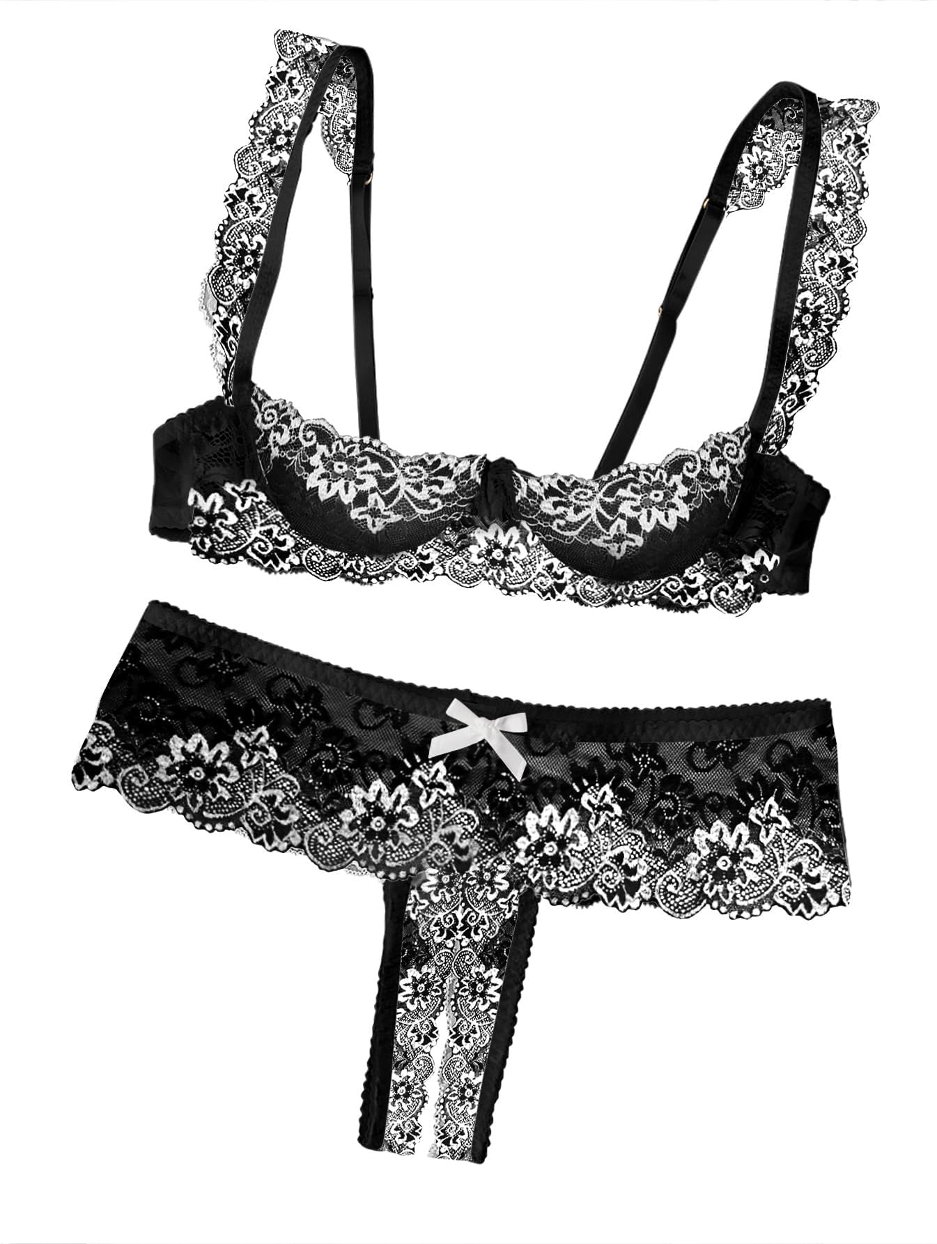 Photo 1 of Lilosy Sexy Underwire Lace Sheer Lingerie Set for Women See Through Bra and Panty 2 Piece Half-cup Floral Black Large