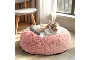 Veehoo Calming Cat Bed for Small Cats, Anti Anxiety Donut Small Cat Bed, Round Fluffy Cuddler Washable Pet Bed, Plush Indoor Cat Bed Dog Bed with Slip-Resistant Bottom for Puppy & Kitten, 20", Pink