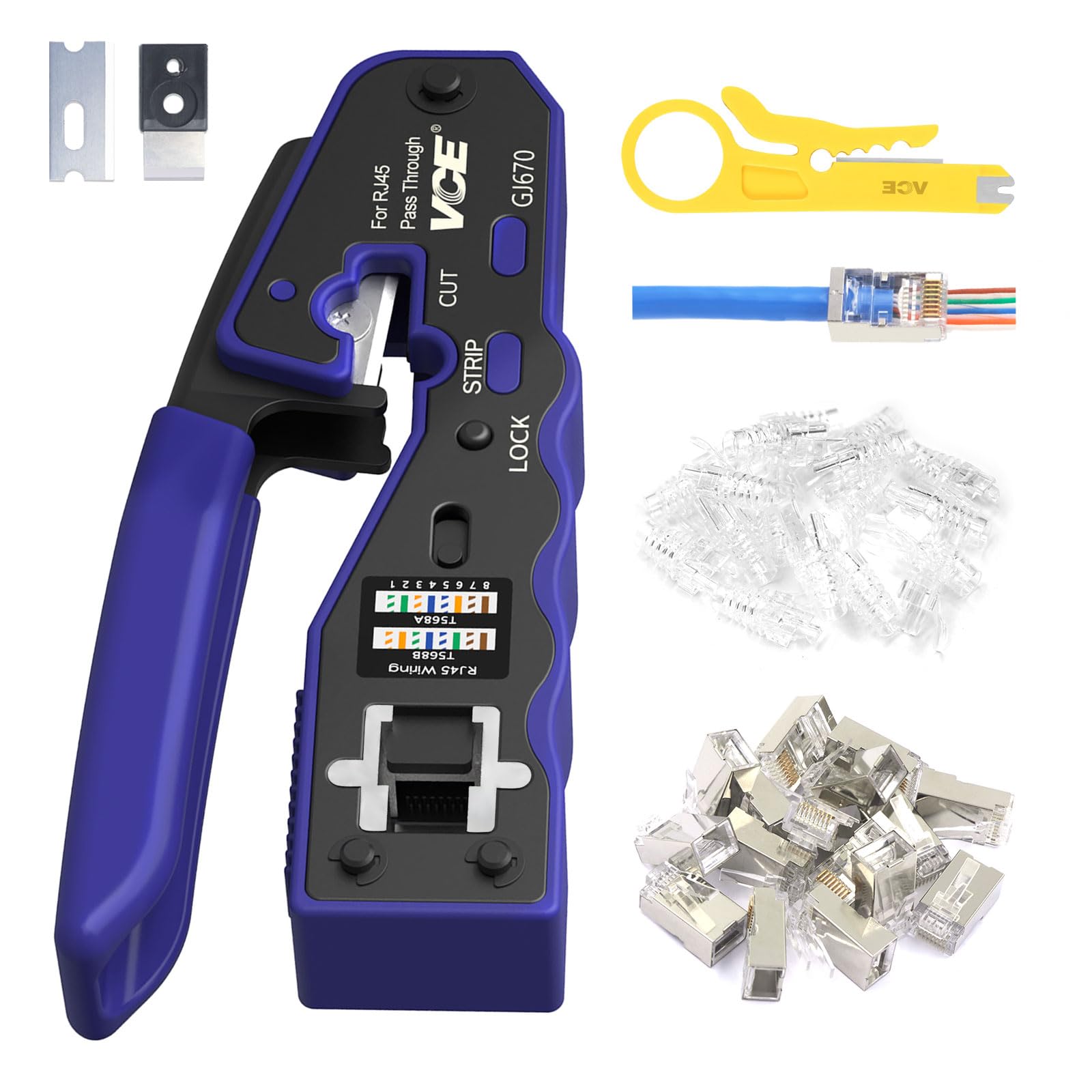 VCE RJ45 Crimp Tool Kit, Pass Through Crimping Tool GJ670BL with 25PCS Cat6 Pass-Thru Shielded RJ45 Connector & Protection Boots