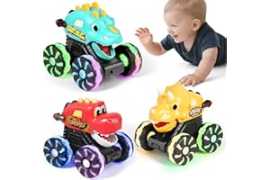 MOONTOY 3 Pack Monster Truck, Light Up Dinosaur Car Toys for 1 Year Old Boys, Press and Go Cars for Toddlers 1-3, Baby Toys 1