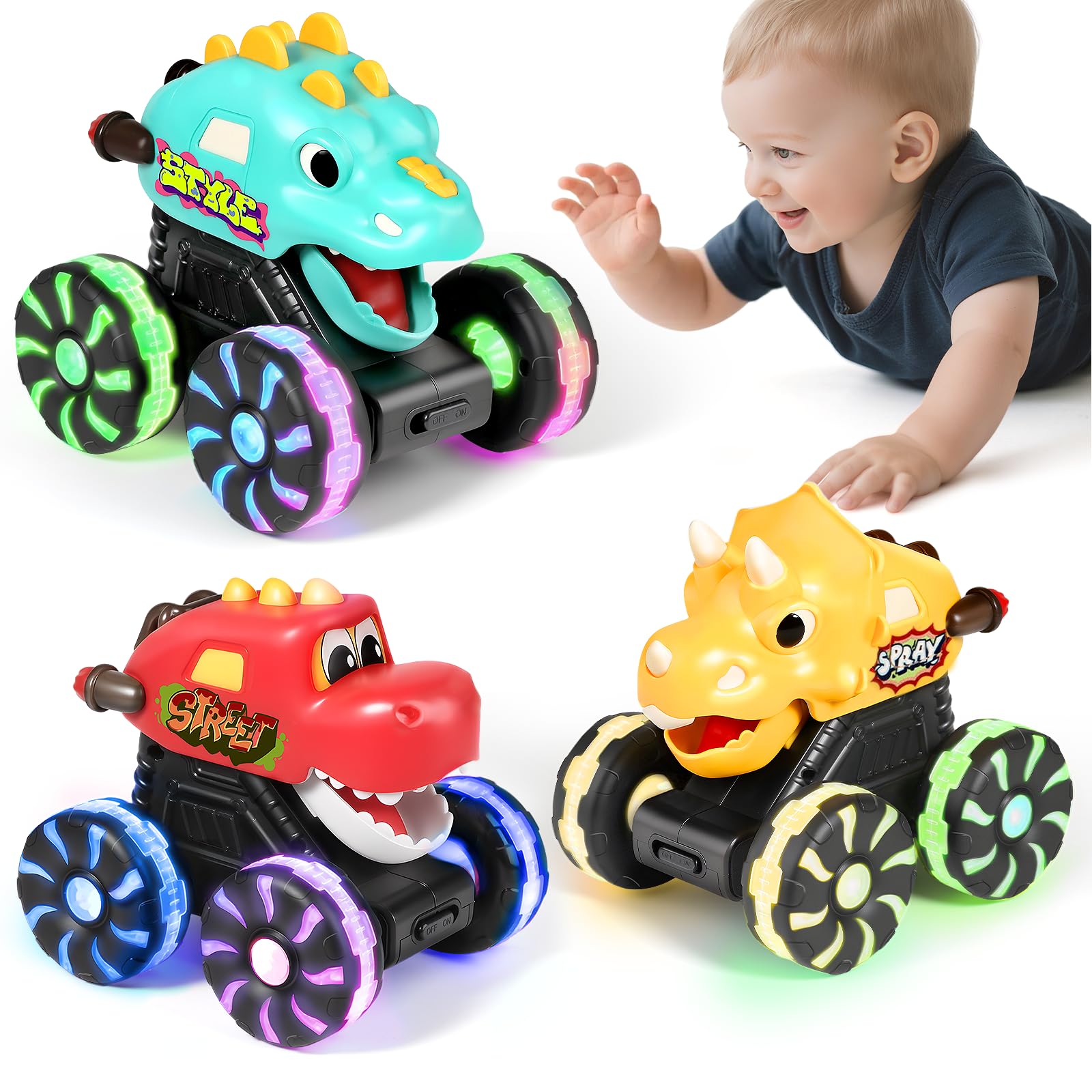 MOONTOY 3 Pack Light Up Monster Truck for 1 Year Old Dinosaur Toys, Press and Go Car Toy for Toddler Age 1 2 3+, 1st Birthday Boy Gifts, for Boys and Girls