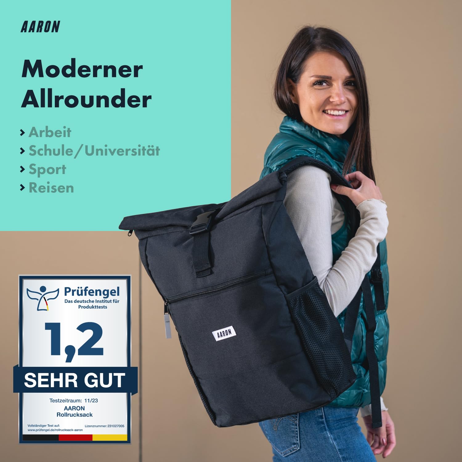 AARON Rolltop Rucksack Damen und Herren, mit Laptopfach, inkl. AirTag Halter, Daypacks, Rollrucksack aus recycletem PET für UNI, Reisen, Alltag, Rolltop Backpack in schwarz und Blumen 2