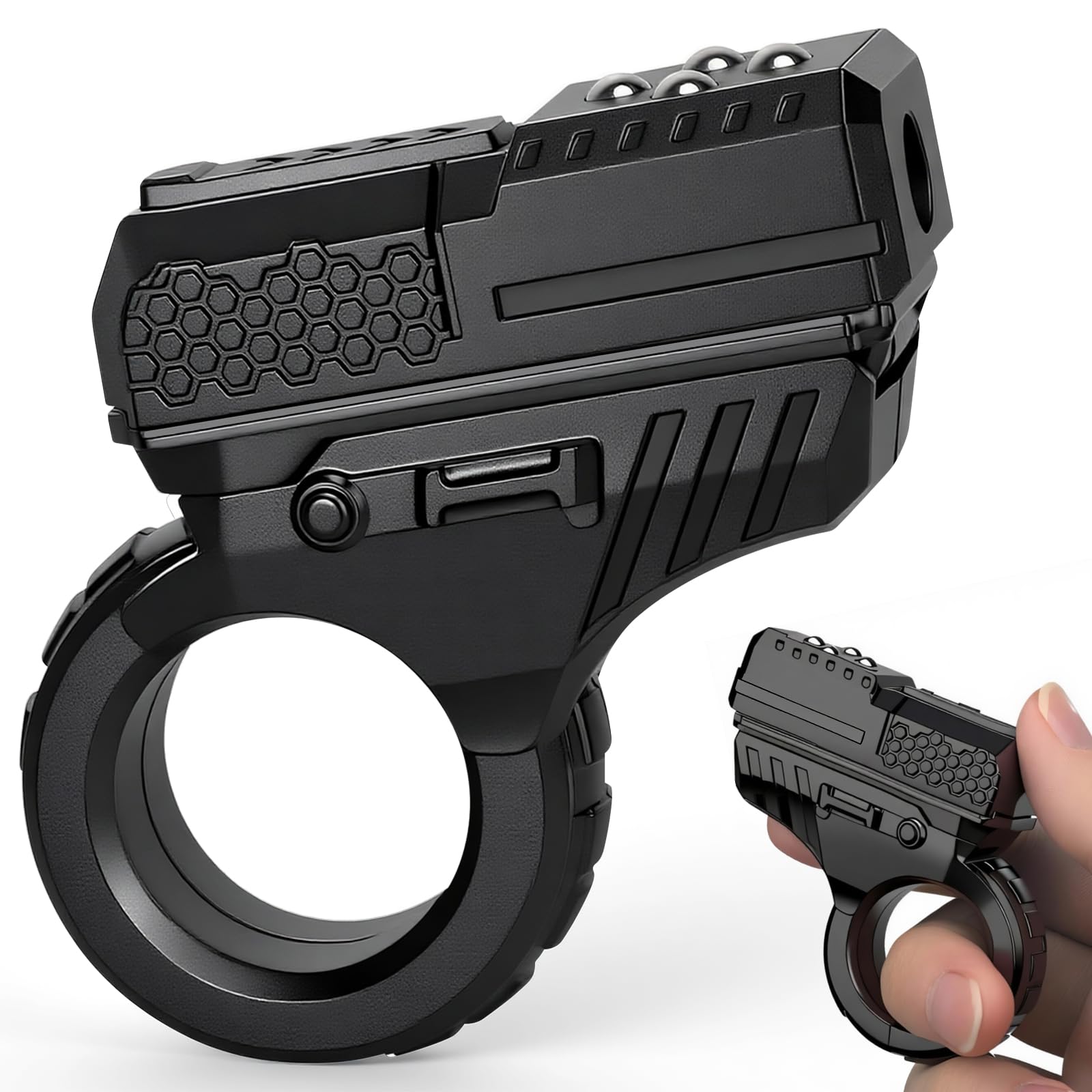 Fidget Gun Slider Toy, EDC Finger Ring Hand Roller Fidget Clicker Botton Desk Toy for Adults Kids, Plastic Textured Fingertip Pistol Focus Tool, Mini Gadget, Black