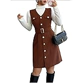 winkbay Women's Button Down Corduroy Pinafore Dress Vintage Belted V Neck Fall Work Office Short Dresses