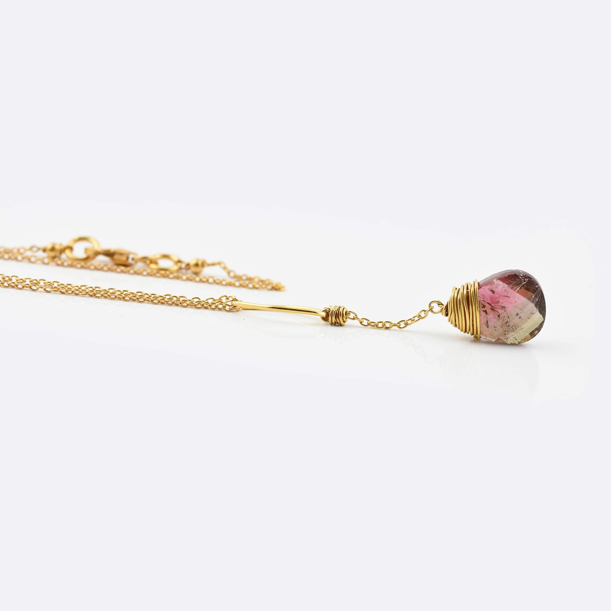 Pink Tourmaline wire wrapped Pendant with 18K Gold plated Silver Chain Birthstone Jewelry