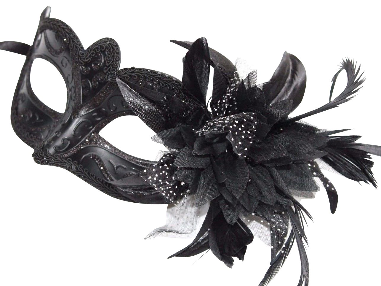 Life Is Good Midnight Black Venetian Masquerade Carnival Party Eye Mask with Black Flower, White Spotted Organza & Long Feathers, Depth 3" (8CMS), Ribbon Ties, Comfort Backing for Women, Teens