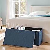 CAIPINFUL 30 Inches Folding Storage Ottoman with Lid Coffee Table, Linen Ottoman Foot Rest for Living Room,Storage Bench for Bedroom -Navy Blue