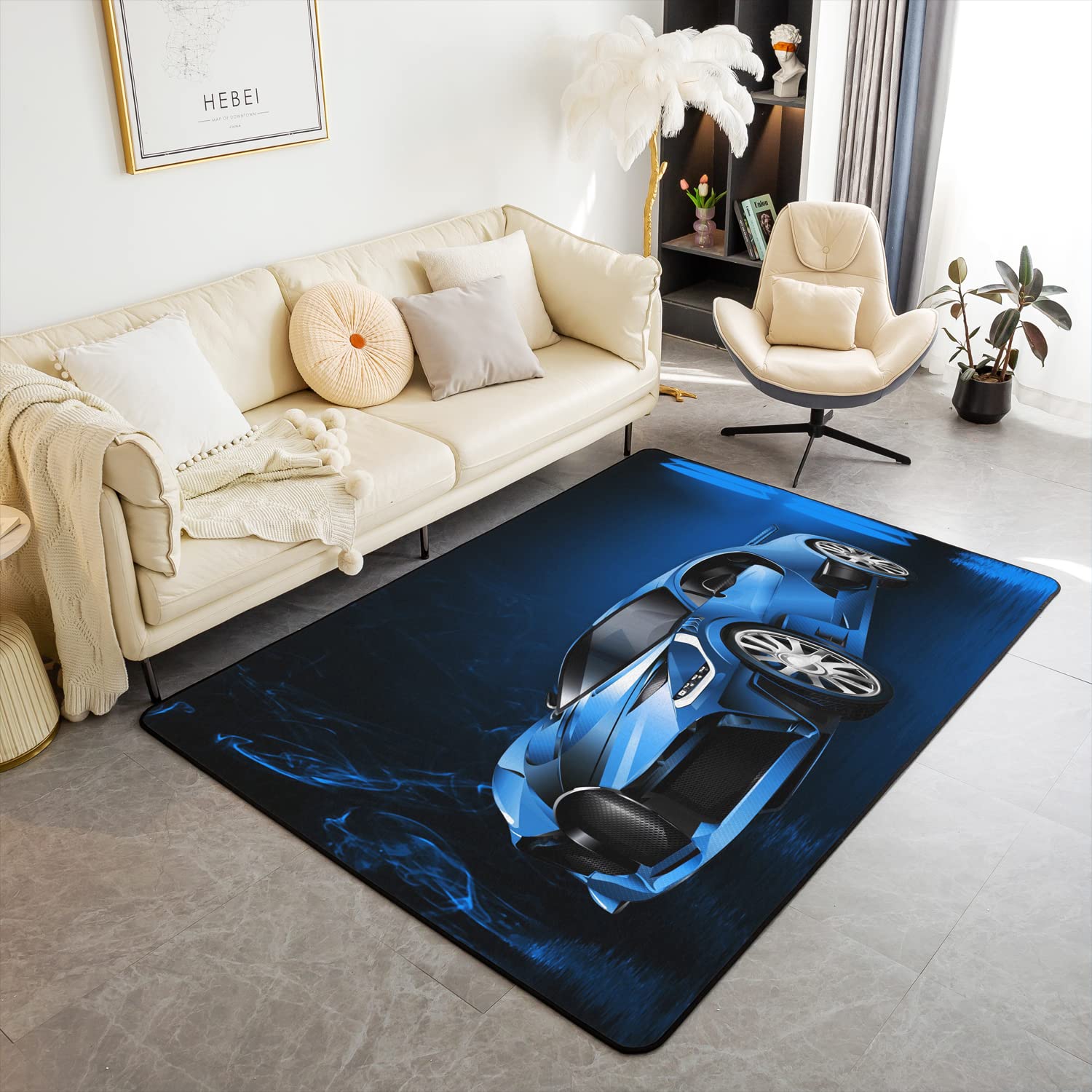 Race Car Area Rug 100x150cm Blue Speed Sports Car Living Room Rugs For Bedroom Home Decor Extreme Sports Automobile Carpet Ultra Soft Non-Slip Indoor Floor Mat