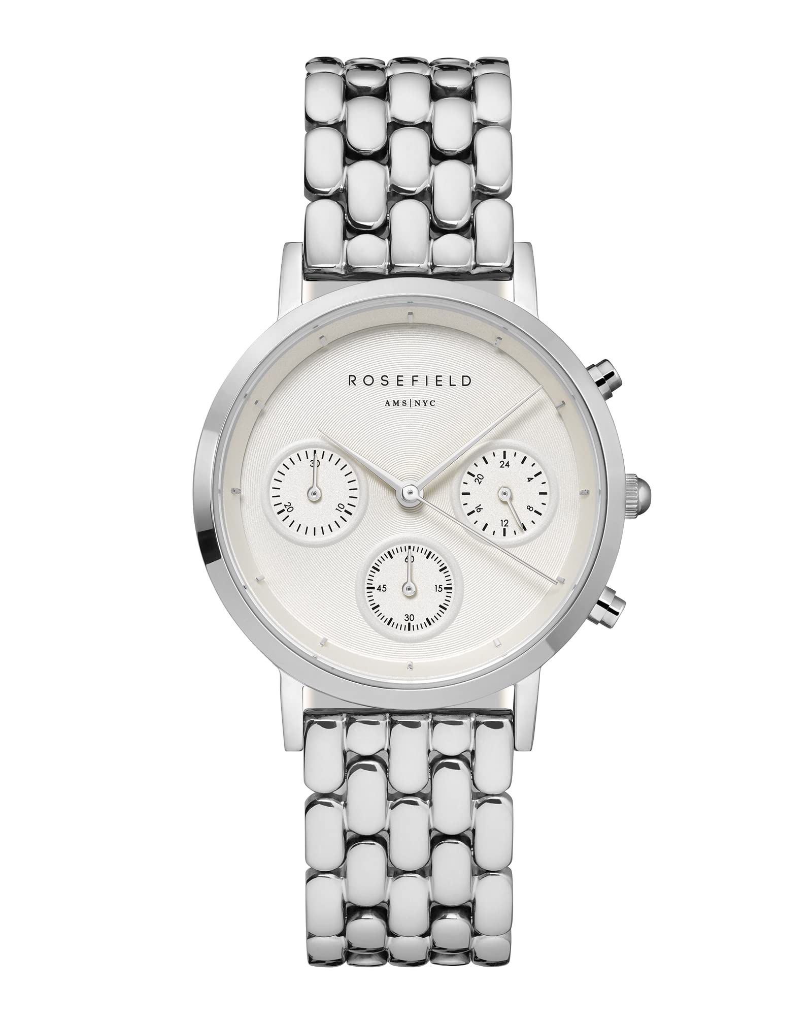 Rosefield Women's Watch The The Gabby: Silver 33mm Round Case with White Dial and Silver Strap - NWS-N92