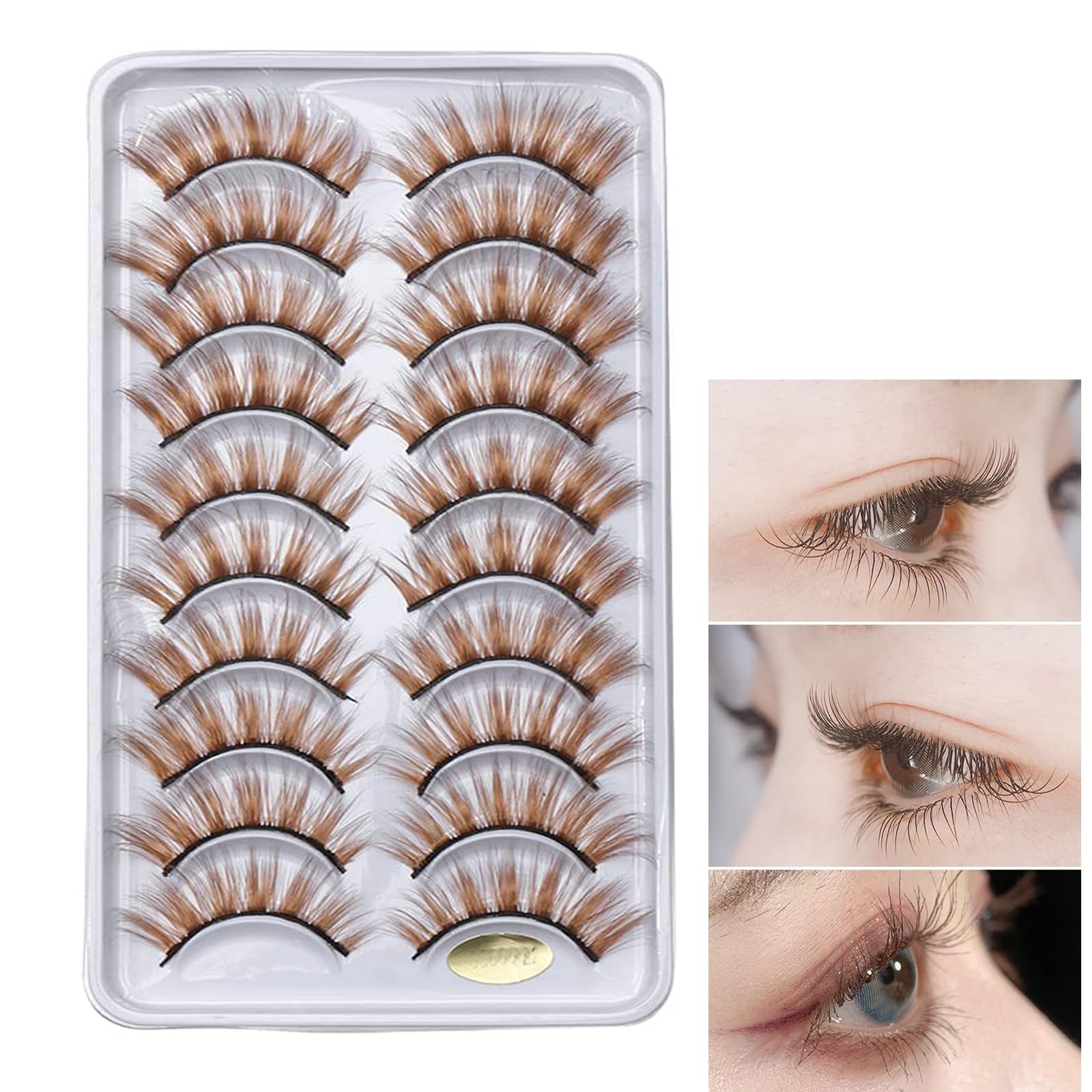 10 Pairs Brown Eyelashes Blonde Colored Lashes Wispy Halloween Eye Lashes Cosplay Makeup Natural Masquerade Party Eyelashes Extension Tool (Brown 10 Pairs)