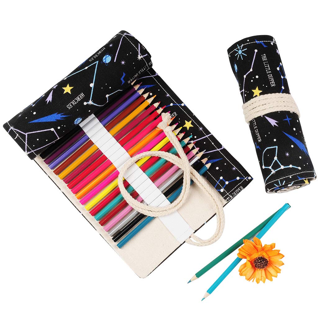 SIPLIV Canvas Roll-up Pencil Wrap, Travel Drawing Coloring Pencils Pouch for Artist, Starry Sky Black 72 Holes(Pencils are Not Included)
