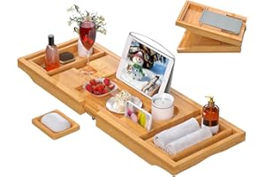 YOUPEHOM Bamboo Bathtub Caddy Tray Expandable for Luxury Bath, Bath Accessories & Table with Wine Glass Holder, Book Stand Bathroom Organizer with Extending Sides for Men/Women,Natural