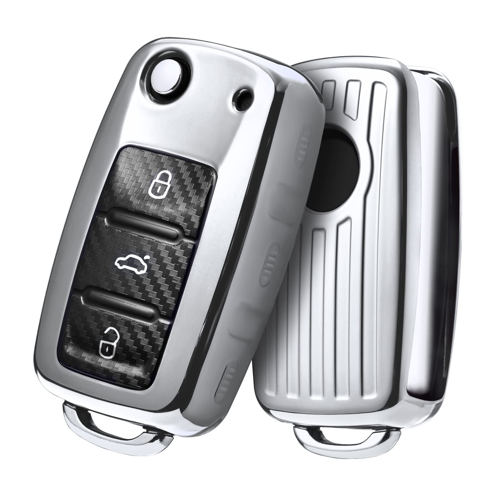 OATSBASF Car Key Case for VW Golf & Polo Passat - Silver Fibre, 3 Buttons