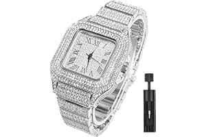 Apzzic Diamond Iced Out Watch CZ Gold Plated 40mm Width Roman Numerals Dial Quartz Wristband Watch for Men Women